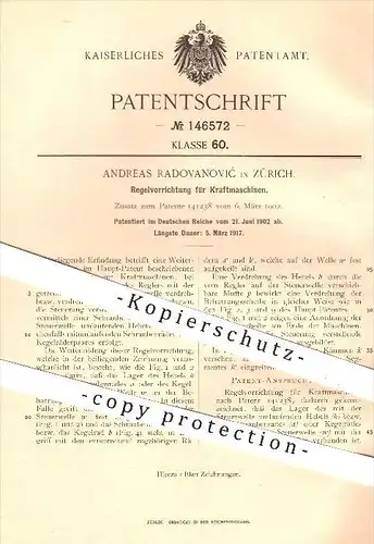 original Patent - Andreas Radovanovic in Zürich , 1902 , Regelvorrichtung für Kraftmaschinen , Motor , Motoren !!!