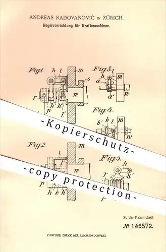 original Patent - Andreas Radovanovic in Zürich , 1902 , Regelvorrichtung für Kraftmaschinen , Motor , Motoren !!!