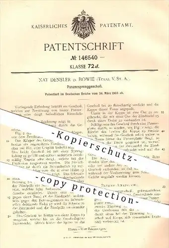 original Patent - Nat Densler in Bowie , Texas , USA , 1903 , Panzer - Sprenggeschoss , Waffen , Geschosse , Sprengung !