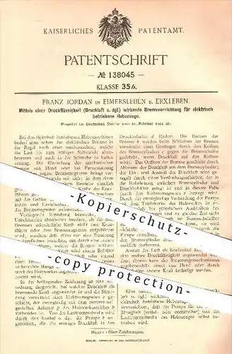 original Patent - Franz Jordan , Eimersleben , Erxleben , 1901 , Bremsvorrichtung für elektrisch betriebene Hebezeuge !!