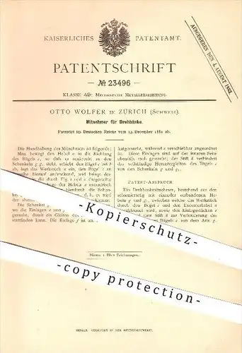original Patent - Otto Wolfer in Zürich , Schweiz , 1882 , Mitnehmer für Drehbänke , Drehbank , Dreher , Drehen , Metall