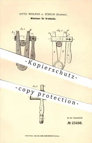 original Patent - Otto Wolfer in Zürich , Schweiz , 1882 , Mitnehmer für Drehbänke , Drehbank , Dreher , Drehen , Metall