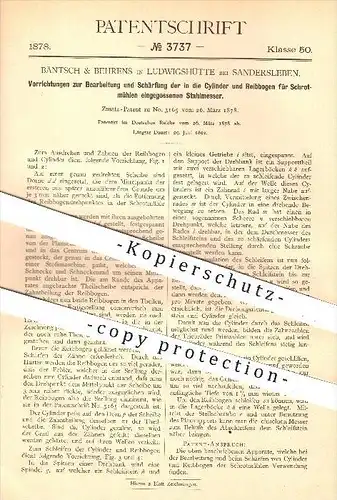 original Patent - Bäntsch & Behrens , Ludwigshütte , Sandersleben , 1878 , Stahlmesser an Schrotmühlen , Mühle , Mühlen