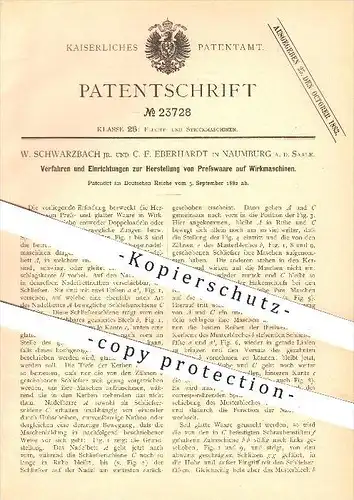 original Patent - W. Schwarzbach u. C. F. Eberhardt , Naumburg , Saale , 1882 , Herst. von Pressware auf Wirkmaschinen !