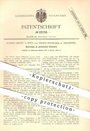 original Patent - Alfred Skene in Wien & Franz Kühmaier in Pressburg , 1883 , galvanische Elemente , Elektrizität !!!