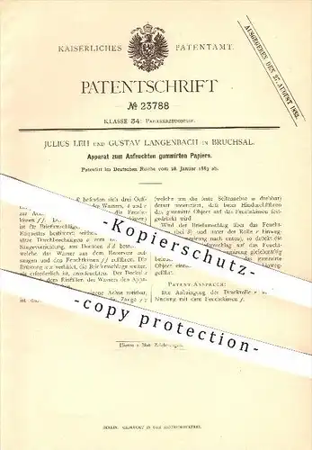 original Patent - Julius Leh u. Gustav Langenbach , Bruchsal , 1883 , Anfeuchten von gummiertem Papier , Briefmarken !!!