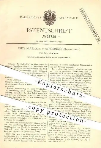 original Patent - Fritz Kleemann in Schöningen , 1882 , Filterkörper , Wasserleitung , Filter , Filtern , Wasser , Kohle