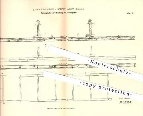 original Patent - J. Amsler - Laffon , Schaffhausen , Schweiz , 1883, Rettungsleiter für Feuergefahr , Feuerwehr , Feuer