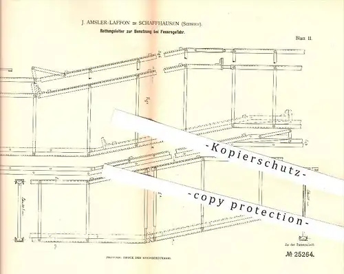 original Patent - J. Amsler - Laffon , Schaffhausen , Schweiz , 1883, Rettungsleiter für Feuergefahr , Feuerwehr , Feuer