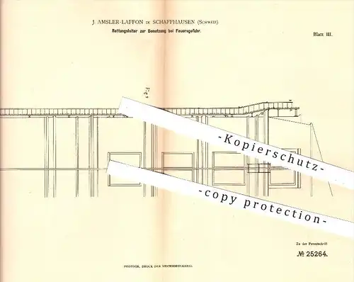 original Patent - J. Amsler - Laffon , Schaffhausen , Schweiz , 1883, Rettungsleiter für Feuergefahr , Feuerwehr , Feuer