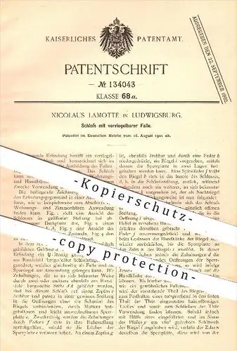 original Patent - Nicolaus Lamotte , Ludwigsburg , 1901, Schloss mit verriegelbarer Falle , Schlosser , Türschloss , Tür