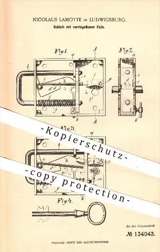 original Patent - Nicolaus Lamotte , Ludwigsburg , 1901, Schloss mit verriegelbarer Falle , Schlosser , Türschloss , Tür