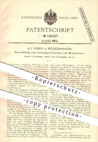 original Patent - A. E. Rompa , Wilhelmshaven , 1900, Gehrungsschneiden von Winkeleisen , Gehrung , Eisen , Säge , Sägen