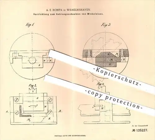 original Patent - A. E. Rompa , Wilhelmshaven , 1900, Gehrungsschneiden von Winkeleisen , Gehrung , Eisen , Säge , Sägen