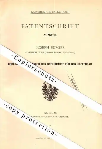 Original Patent - Joseph Burger in Munderkingen b. Ehingen , 1879 , Gerät für Hopfenbau , Brauerei , Weinbau , Wein !!!