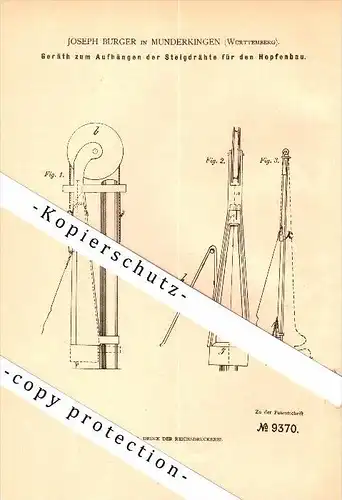 Original Patent - Joseph Burger in Munderkingen b. Ehingen , 1879 , Gerät für Hopfenbau , Brauerei , Weinbau , Wein !!!