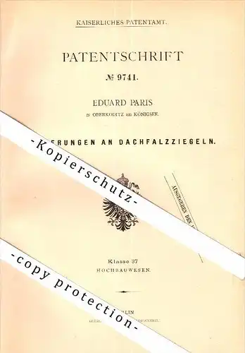 Original Patent - Eduard Paris in Oberköditz b. Königsee , 1879 , Dach-Falzziegel , Dachdecker , Köditz , Rottenbach !!!