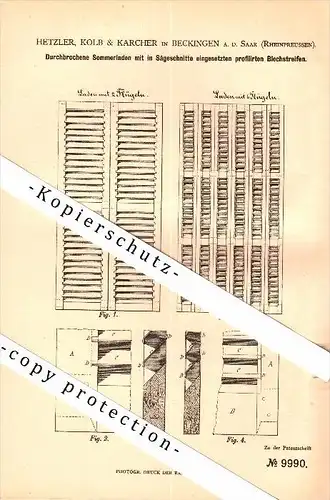 Original Patent - Hetzler , Kolb & Karcher in Beckingen , 1879 , durchbrochene Sommerladen , Fensterbau , Fenster !!!