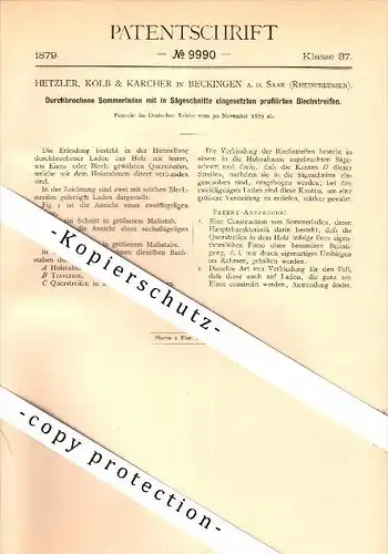 Original Patent - Hetzler , Kolb & Karcher in Beckingen , 1879 , durchbrochene Sommerladen , Fensterbau , Fenster !!!