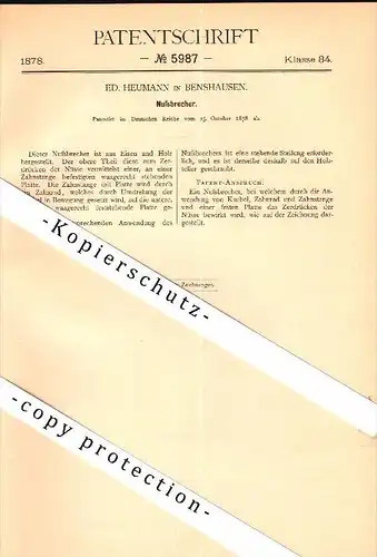 Original Patent - Ed. Heumann in Benshausen b. Ebertshausen , 1878 , Nussbrecher , Nussknacker !!!