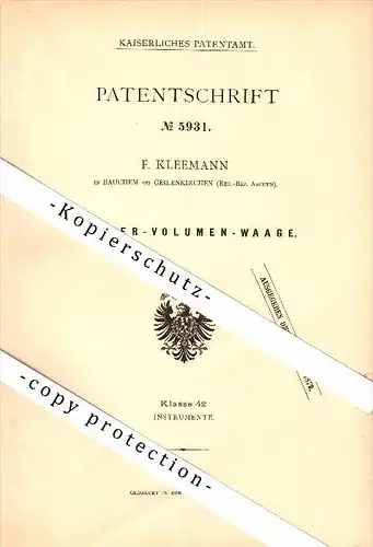 Original Patent - F. Kleemann in Bauchem b. Geilenkirchen , 1878 , Wasser-Volumenwaage , Wasserwaage , Waage !!!