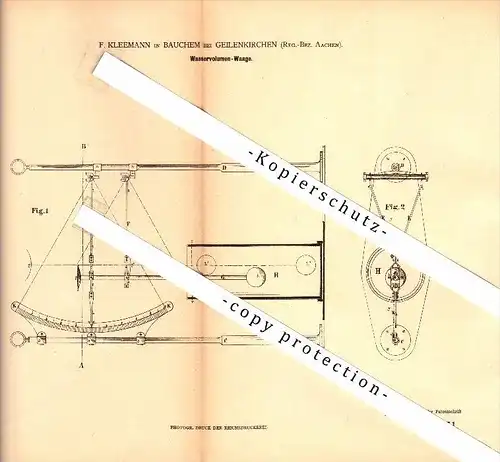 Original Patent - F. Kleemann in Bauchem b. Geilenkirchen , 1878 , Wasser-Volumenwaage , Wasserwaage , Waage !!!