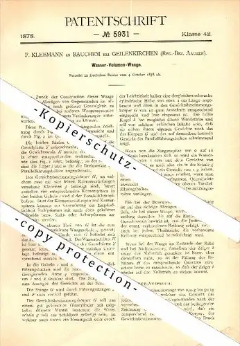 Original Patent - F. Kleemann in Bauchem b. Geilenkirchen , 1878 , Wasser-Volumenwaage , Wasserwaage , Waage !!!