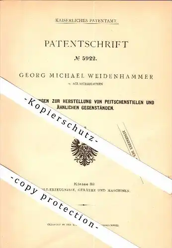 Original Patent - G.M. Weidenhammer in Algasterhausen , 1879 , Herstellung von Peitschen und Angeln !!!