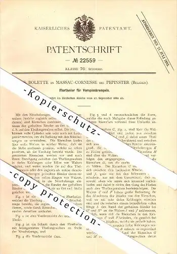 Original Patent - J.S. Bolette in Massau-Cornesse b. Pepinster , 1882 , Apparat für Spinnerei !!!