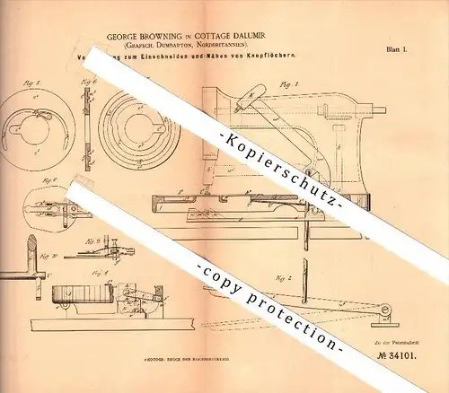 Original Patent - George Browning in Cottage Dalumir , Dumbarton , 1885 ,Apparatus for the production of buttonholes !!!