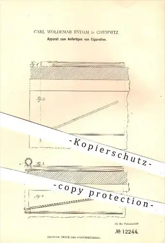 original Patent - Carl Woldemar Eydam in Chemnitz , 1880 , Anfertigen von Zigaretten , Zigarette , Rauchen , Tabak !!!