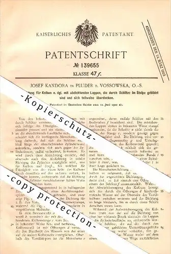 Original Patent - Josef Kandora in Vossowska / Fosowskie b. Colonnowska , 1902 , Abdichtung für Kolben , Oberschlesien