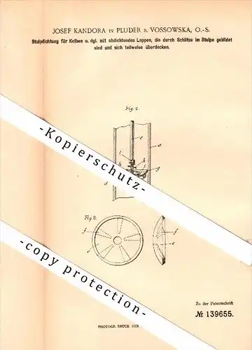 Original Patent - Josef Kandora in Vossowska / Fosowskie b. Colonnowska , 1902 , Abdichtung für Kolben , Oberschlesien