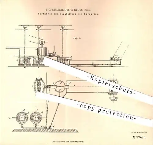 original Patent - J. C. Uhlenbroek in Neuss , 1896 , Herstellung von Margarine , Butter , Fett , Nahrungsmittel !!!