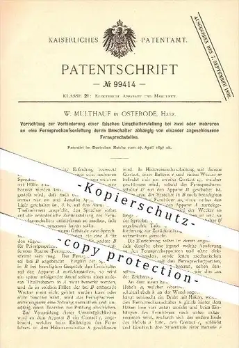 original Patent - W. Multhauf , Osterode , Harz , 1897 , Verhinderung falscher Umschaltung bei Fernsprechstellen !!!