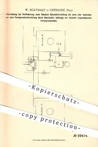 original Patent - W. Multhauf , Osterode , Harz , 1897 , Verhinderung falscher Umschaltung bei Fernsprechstellen !!!