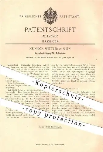 original Patent - Heinrich Wittler in Wien , 1900 , Kurbelbefestigung für Fahrräder , Fahrrad , Kurbel !!!