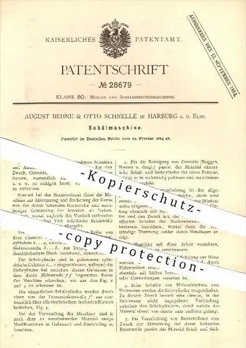 original Patent - August Behne & Otto Schnelle in Harburg an der Elbe , 1884 , Schälmaschine , Mühle , Mühlen , Schälen