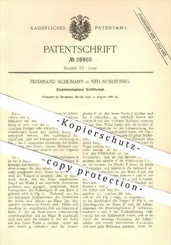 original Patent - Ferdinand Schumann in Neu-Schleussig , 1886 , Zusammenlegbarer Schlittschuh , Schlittschuhe , Sport