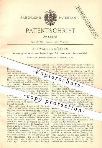 original Patent - Joh. Walch in München , 1888 , zwei- u. dreirädrige Fahrräder mit Kettenantrieb , Fahrrad , Antrieb !