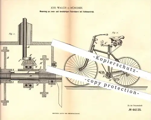 original Patent - Joh. Walch in München , 1888 , zwei- u. dreirädrige Fahrräder mit Kettenantrieb , Fahrrad , Antrieb !