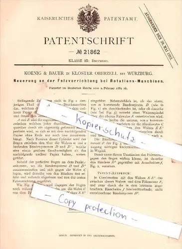 Original Patent - Koenig & Bauer in Kloster Oberzell bei Würzburg , 1882 , Druckerei !!!