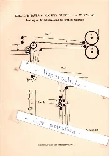 Original Patent - Koenig & Bauer in Kloster Oberzell bei Würzburg , 1882 , Druckerei !!!