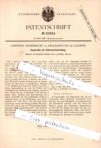 Original Patent - C. Zimmermann in Amalienhütte bei Laasphe , 1881 , Regulirofen !!!