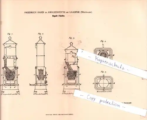 Original Patent - F. Hahn in Amalienhütte bei Laasphe , Westfalen , 1881 , Regulir-Füllofen !!!