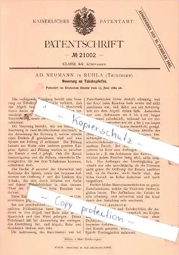 Original Patent - Ad. Neumann in Ruhla , Thüringen , 1882 , Neuerung an Tabakspfeifen !!!