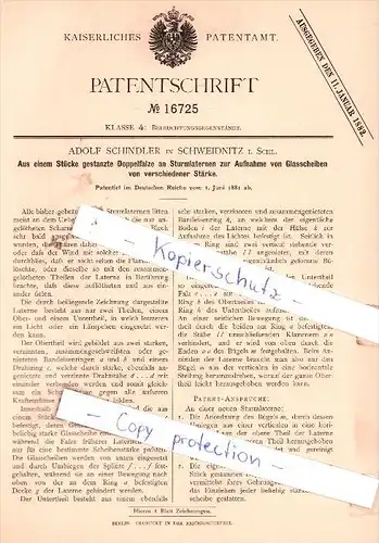 Original Patent - Adolf Schindler in Schweidnitz / Swidnica in Schlesien , 1881 , Doppelfalze an Sturmlaternen !!!