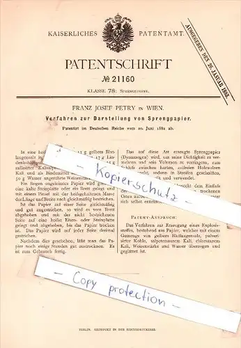 Original Patent - Franz Josef Petry in Wien , 1882 , Darstellung von Sprengpapier !!!