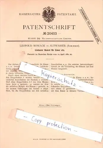Original Patent -  Leopold Nowack in Altwasser b.  Walbrzych / Waldenburg , Schlesien , 1882 , Lösbarer Henkel für Eimer