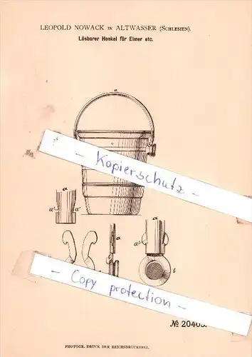 Original Patent -  Leopold Nowack in Altwasser b.  Walbrzych / Waldenburg , Schlesien , 1882 , Lösbarer Henkel für Eimer